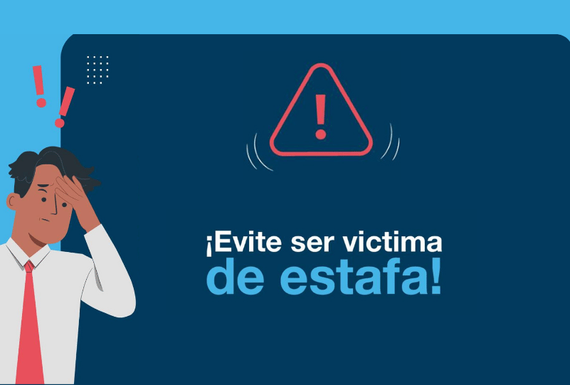 la imagen es un hombre con signos de pregunta, un signo de advertencia con el texto evite ser vícitma de estafa..
